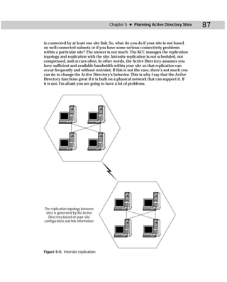 Chapter 5 ✦ Planning Active Directory Sites       87

is connected by at least one site link. So, what do you do if your site is not based
on well-connected subnets or if you have some serious connectivity problems
within a particular site? The answer is not much. The KCC manages the replication
topology and replication with the site. Intrasite replication is not scheduled, not
compressed, and occurs often. In other words, the Active Directory assumes you
have sufficient and available bandwidth within your site so that replication can
occur frequently and without restraint. If this is not the case, there’s not much you
can do to change the Active Directory’s behavior. This is why I say that the Active
Directory functions great if it is built on a physical network that can support it. If
it is not, I’m afraid you are going to have a lot of problems.




The replication topology between
 sites is generated by the Active
   Directory based on your site
configuration and link information




Figure 5-5: Intersite replication
 