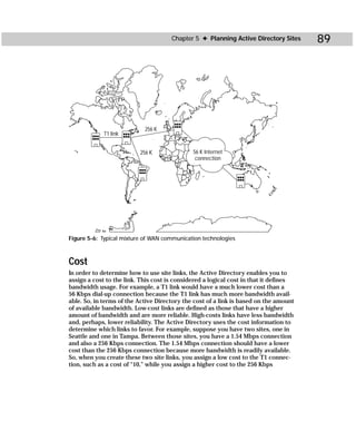 Chapter 5 ✦ Planning Active Directory Sites      89




                            256 K
             T1 link


                          256 K               56 K Internet
                                               connection




Figure 5-6: Typical mixture of WAN communication technologies



Cost
In order to determine how to use site links, the Active Directory enables you to
assign a cost to the link. This cost is considered a logical cost in that it defines
bandwidth usage. For example, a T1 link would have a much lower cost than a
56 Kbps dial-up connection because the T1 link has much more bandwidth avail-
able. So, in terms of the Active Directory the cost of a link is based on the amount
of available bandwidth. Low-cost links are defined as those that have a higher
amount of bandwidth and are more reliable. High-costs links have less bandwidth
and, perhaps, lower reliability. The Active Directory uses the cost information to
determine which links to favor. For example, suppose you have two sites, one in
Seattle and one in Tampa. Between those sites, you have a 1.54 Mbps connection
and also a 256 Kbps connection. The 1.54 Mbps connection should have a lower
cost than the 256 Kbps connection because more bandwidth is readily available.
So, when you create these two site links, you assign a low cost to the T1 connec-
tion, such as a cost of “10,” while you assign a higher cost to the 256 Kbps
 