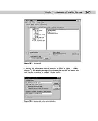 Chapter 12 ✦ Maintaining the Active Directory    245




  Figure 12-7: Backup tab


3. A Backup Job Information window appears, as shown in Figure 12-8. Make
   changes to this window as desired, such as the backup job and media label
   and whether to append or replace existing media.




  Figure 12-8: Backup Job Information window
 