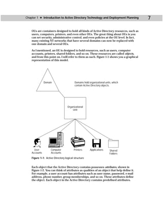Chapter 1 ✦ Introduction to Active Directory Technology and Deployment Planning              7

    OUs are containers designed to hold all kinds of Active Directory resources, such as
    users, computers, printers, and even other OUs. The great thing about OUs is you
    can set security, administrative control, and even policies at the OU level. In fact,
    many existing NT networks that have several domains can now be replaced with
    one domain and several OUs.

    As I mentioned, an OU is designed to hold resources, such as users, computer
    accounts, printers, shared folders, and so on. These resources are called objects,
    and from this point on, I will refer to them as such. Figure 1-1 shows you a graphical
    representation of this model.




               Domain                    Domains hold organizational units, which
                                         contain Active Directory objects.




                                   Organizational
                                       Unit




      User          Computer             Printers      Applications      Shared
    Accounts        Accounts                                             Folders
    Figure 1-1: Active Directory logical structure


    Each object that the Active Directory contains possesses attributes, shown in
    Figure 1-2. You can think of attributes as qualities of an object that help define it.
    For example, a user account has attributes such as user name, password, e-mail
    address, phone number, group memberships, and so on. These attributes define
    the object. Each object in the Active Directory contains predefined attributes.
 