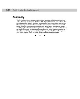 300   Part III ✦ Active Directory Management




      Summary
          The Active Directory schema provides a list of rules and definitions that gives the
          Active Directory its structure. Windows 2000 ships with a default base schema that
          provides plenty of objects, attribute, and classes to meet the needs of most Active
          Directory implementations. However, when it is determined that a schema modifi-
          cation is needed, great care and planning must occur before modification. Always
          carefully explore the schema before planning a modification, and if a modification is
          necessary, determine the least invasive method first. The Active Directory can be
          viewed and modified programmatically or through either the Schema Manager or
          ADSI Editor, both of which are found in the Windows 2000 Resource Kit.

                                         ✦      ✦       ✦
 