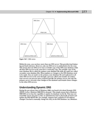 Chapter 18 ✦ Implementing Microsoft DNS         377

                      DNS Zone




                                 triton.com




 DNS Zone                                     DNS Zone




       namerica.triton.com                         samerica.triton.com

Figure 18-7: DNS zones


Within the zone, you can have more than one DNS server. This provides load balanc-
ing and fault tolerance. However, only one DNS server is authoritative for the zone.
This means that one DNS server has a writable copy of the DNS zone database while
all other DNS servers in the zone have a read-only copy. The writable copy of the
zone database file is called the primary zone database file while all copies are called
secondary zone database files. When updates or changes to the DNS database need
to be made, they are made on the primary zone database file and replicated to all
other DNS servers in the zone through a process called zone transfer. Secondary
zone servers can process query requests just like the primary server, but only the
primary server can write zone changes to the database and transfer those changes
to the other DNS servers.


Understanding Dynamic DNS
During the pre-release days of Windows 2000, you heard a lot about Dynamic DNS
(DDNS). In fact, Windows 2000 DNS is dynamic. This simply means that a Windows
2000 DNS server has the capability to update its database on the fly. That may not
sound like much, but prior to this, an administrator had to physically sit down and
update the DNS HOSTS file. For example, suppose that computer12’s IP address
changed. You had to manually change the entry in the DNS database. In a Windows
 