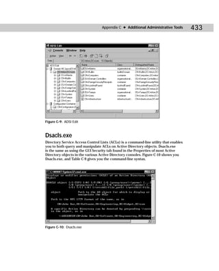 Appendix C ✦ Additional Administrative Tools         433




Figure C-9: ADSI Edit



Dsacls.exe
Directory Service Access Control Lists (ACLs) is a command-line utility that enables
you to both query and manipulate ACLs on Active Directory objects. Dsacls.exe
is the same as using the GUI Security tab found in the Properties of most Active
Directory objects in the various Active Directory consoles. Figure C-10 shows you
Dsacls.exe, and Table C-9 gives you the command-line syntax.




Figure C-10: Dsacls.exe
 