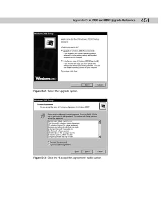 Appendix D ✦ PDC and BDC Upgrade Reference   451




Figure D-2: Select the Upgrade option.




Figure D-3: Click the “I accept this agreement” radio button.
 