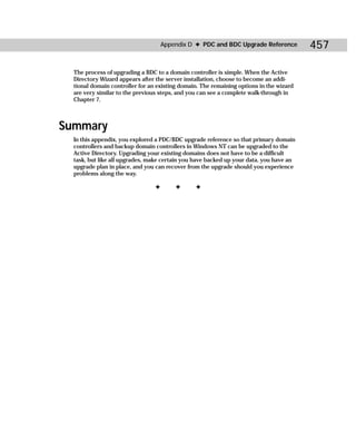 Appendix D ✦ PDC and BDC Upgrade Reference          457

  The process of upgrading a BDC to a domain controller is simple. When the Active
  Directory Wizard appears after the server installation, choose to become an addi-
  tional domain controller for an existing domain. The remaining options in the wizard
  are very similar to the previous steps, and you can see a complete walk-through in
  Chapter 7.



Summary
  In this appendix, you explored a PDC/BDC upgrade reference so that primary domain
  controllers and backup domain controllers in Windows NT can be upgraded to the
  Active Directory. Upgrading your existing domains does not have to be a difficult
  task, but like all upgrades, make certain you have backed up your data, you have an
  upgrade plan in place, and you can recover from the upgrade should you experience
  problems along the way.

                                 ✦       ✦      ✦
 