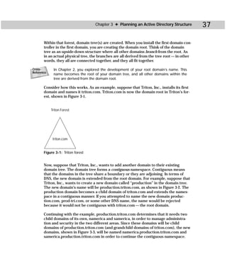 Chapter 3 ✦ Planning an Active Directory Structure         37

       Within that forest, domain tree(s) are created. When you install the first domain con-
       troller in the first domain, you are creating the domain root. Think of the domain
       tree as an upside-down structure where all other domains branch from the root. As
       in an actual physical tree, the branches are all derived from the tree root — in other
       words, they all are connected together, and they all fit together.

Cross-       In Chapter 2, you explored the development of your root domain’s name. This
Reference
             name becomes the root of your domain tree, and all other domains within the
             tree are derived from the domain root.

       Consider how this works. As an example, suppose that Triton, Inc., installs its first
       domain and names it triton.com. Triton.com is now the domain root in Triton’s for-
       est, shown in Figure 3-1.


            Triton Forest




             triton.com


       Figure 3-1: Triton forest


       Now, suppose that Triton, Inc., wants to add another domain to their existing
       domain tree. The domain tree forms a contiguous namespace. Contiguous means
       that the domains in the tree share a boundary or they are adjoining. In terms of
       DNS, the new domain is extended from the root domain. For example, suppose that
       Triton, Inc., wants to create a new domain called “production” in the domain tree.
       The new domain’s name will be production.triton.com, as shown in Figure 3-2. The
       production domain becomes a child domain of triton.com and extends the names-
       pace in a contiguous manner. If you attempted to name the new domain produc-
       tion.com, prod-tri.com, or some other DNS name, the name would be rejected
       because it would not be contiguous with triton.com — the root domain.

       Continuing with the example, production.triton.com determines that it needs two
       child domains of its own, namerica and samerica, in order to manage administra-
       tion and security in the two different areas. Since these domains will be child
       domains of production.triton.com (and grandchild domains of triton.com), the new
       domains, shown in Figure 3-3, will be named namerica.production.triton.com and
       samerica.production.triton.com in order to continue the contiguous namespace.
 