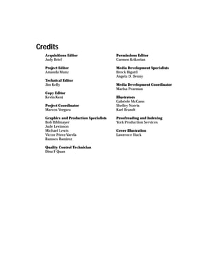 Credits
  Acquisitions Editor                   Permissions Editor
  Judy Brief                            Carmen Krikorian

  Project Editor                        Media Development Specialists
  Amanda Munz                           Brock Bigard
                                        Angela D. Denny
  Technical Editor
  Jim Kelly                             Media Development Coordinator
                                        Marisa Pearman
  Copy Editor
  Kevin Kent                            Illustrators
                                        Gabriele McCann
  Project Coordinator                   Shelley Norris
  Marcos Vergara                        Karl Brandt

  Graphics and Production Specialists   Proofreading and Indexing
  Bob Bihlmayer                         York Production Services
  Jude Levinson
  Michael Lewis                         Cover Illustration
  Victor Pérez-Varela                   Lawrence Huck
  Ramses Ramirez

  Quality Control Technician
  Dina F Quan
 