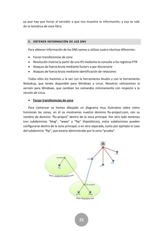 25
ya que hay que forzar al servidor a que nos muestre la información, y eso se sale
de la temática de este libro.
5. OBTENER INFORMACIÓN DE LOS DNS
Para obtener información de los DNS vamos a utilizar cuatro técnicas diferentes:
 Forzar transferencias de zona
 Resolución inversa (a partir de una IP) mediante la consulta a los registros PTR
 Ataques de fuerza bruta mediante fuzzers o por diccionario
 Ataques de fuerza bruta mediante identificación de relaciones
Todos ellos los haremos a la vez con la herramienta Anubis y con la herramienta
Nslookup, que tenéis disponible para Windows y Linux. Nosotros utilizaremos la
versión para Windows, que cambian los comandos mínimamente con respecto a la
versión de Linux.
 Forzar transferencias de zona
Para comenzar os hemos dibujado un diagrama muy ilustrativo sobre cómo
funcionan las zonas, en él os mostramos nuestro dominio flu-project.com, con su
nombre de dominio “flu-project” dentro de la zona principal. Por otro lado tenemos
tres subdominios “blog”, “www” y “ftp” (hipotéticos), estos subdominios pueden
configurarse dentro de la zona principal, o en otra separada, como por ejemplo el caso
del subdominio “ftp”, que estaría administrado por la zona “prueba”.
 