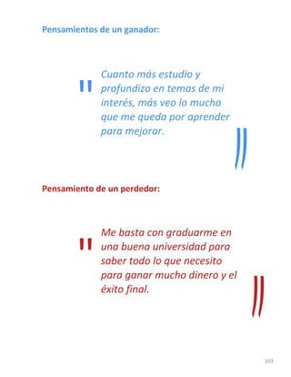 103
Pensamientos de un ganador:
Cuanto más estudio y
profundizo en temas de mi
interés, más veo lo mucho
que me queda por aprender
para mejorar.
Pensamiento de un perdedor:
Me basta con graduarme en
una buena universidad para
saber todo lo que necesito
para ganar mucho dinero y el
éxito final.
"
"
 