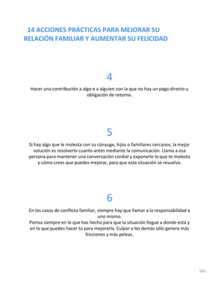 14 ACCIONES PRÁCTICAS PARA MEJORAR SU
RELACIÓN FAMILIAR Y AUMENTAR SU FELICIDAD
165
4
Hacer una contribución a algo o a alguien con la que no hay un pago directo u
obligación de retorno.
5
Si hay algo que le molesta con su cónyuge, hijos o familiares cercanos, la mejor
solución es resolverlo cuanto antes mediante la comunicación. Llama a esa
persona para mantener una conversación cordial y exponerle lo que te molesta
y cómo crees que puedes mejorar, para que esta situación se resuelva.
6
En los casos de conflicto familiar, siempre hay que llamar a la responsabilidad a
uno mismo.
Piensa siempre en lo que has hecho para que la situación llegue a donde está y
en lo que puedes hacer tú para mejorarla. Culpar a los demás sólo genera más
fricciones y más peleas.
 