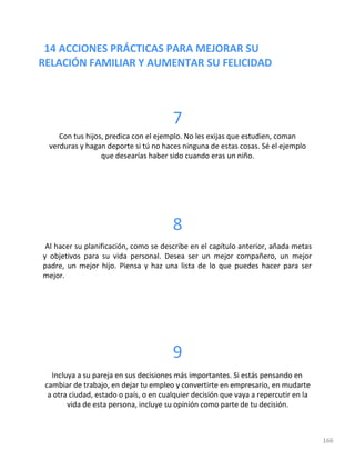 14 ACCIONES PRÁCTICAS PARA MEJORAR SU
RELACIÓN FAMILIAR Y AUMENTAR SU FELICIDAD
166
7
Con tus hijos, predica con el ejemplo. No les exijas que estudien, coman
verduras y hagan deporte si tú no haces ninguna de estas cosas. Sé el ejemplo
que desearías haber sido cuando eras un niño.
8
Al hacer su planificación, como se describe en el capítulo anterior, añada metas
y objetivos para su vida personal. Desea ser un mejor compañero, un mejor
padre, un mejor hijo. Piensa y haz una lista de lo que puedes hacer para ser
mejor.
9
Incluya a su pareja en sus decisiones más importantes. Si estás pensando en
cambiar de trabajo, en dejar tu empleo y convertirte en empresario, en mudarte
a otra ciudad, estado o país, o en cualquier decisión que vaya a repercutir en la
vida de esta persona, incluye su opinión como parte de tu decisión.
 