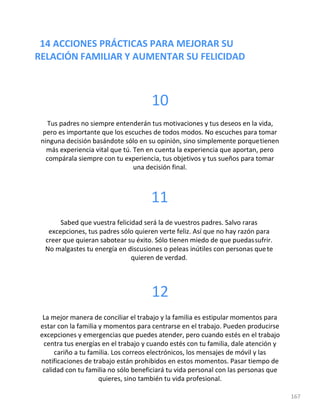 14 ACCIONES PRÁCTICAS PARA MEJORAR SU
RELACIÓN FAMILIAR Y AUMENTAR SU FELICIDAD
167
10
Tus padres no siempre entenderán tus motivaciones y tus deseos en la vida,
pero es importante que los escuches de todos modos. No escuches para tomar
ninguna decisión basándote sólo en su opinión, sino simplemente porquetienen
más experiencia vital que tú. Ten en cuenta la experiencia que aportan, pero
compárala siempre con tu experiencia, tus objetivos y tus sueños para tomar
una decisión final.
11
Sabed que vuestra felicidad será la de vuestros padres. Salvo raras
excepciones, tus padres sólo quieren verte feliz. Así que no hay razón para
creer que quieran sabotear su éxito. Sólo tienen miedo de que puedassufrir.
No malgastes tu energía en discusiones o peleas inútiles con personas quete
quieren de verdad.
12
La mejor manera de conciliar el trabajo y la familia es estipular momentos para
estar con la familia y momentos para centrarse en el trabajo. Pueden producirse
excepciones y emergencias que puedes atender, pero cuando estés en el trabajo
centra tus energías en el trabajo y cuando estés con tu familia, dale atención y
cariño a tu familia. Los correos electrónicos, los mensajes de móvil y las
notificaciones de trabajo están prohibidos en estos momentos. Pasar tiempo de
calidad con tu familia no sólo beneficiará tu vida personal con las personas que
quieres, sino también tu vida profesional.
 