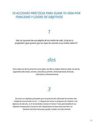 10 ACCIONES PRÁCTICAS PARA GUIAR TU VIDA POR
FINALIDAD Y LOGRO DE OBJETIVOS
20
1
Haz un resumen de una página de tus metas de vida. ¿Cual es tu
propósito? ¿Qué quieres que tus hijos les cuenten a tus nietos sobre ti?
dos
Para cada uno de los próximos cinco años, escriba su mayor meta en cada una de las
siguientes siete áreas: carrera, salud física, familia, actitud personal, finanzas,
educación y entretenimiento.
3
Enumere sus objetivos principales para el próximo año utilizando las mismas siete
categorías enumeradas en el n.° 2. Después de revisar su progreso con respecto a los
objetivos de este año, el 31 de diciembre, tómese al menos 1 hora para establecer sus
objetivos anuales para el próximo año. Despiértate una hora antes este día si es
Necesito esa hora extra para poder cumplir con este artículo.
 