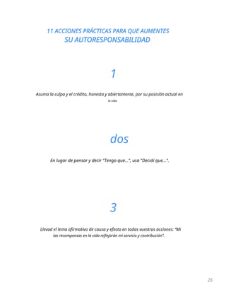11 ACCIONES PRÁCTICAS PARA QUE AUMENTES
SU AUTORESPONSABILIDAD
26
1
Asuma la culpa y el crédito, honesta y abiertamente, por su posición actual en
la vida.
dos
En lugar de pensar y decir "Tengo que...", usa "Decidí que...".
3
Llevad el lema afirmativo de causa y efecto en todas vuestras acciones: “Mi
las recompensas en la vida reflejarán mi servicio y contribución”.
 