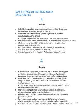 LOS 8 TIPOS DE INTELIGENCIA
EXISTENTES
3
Musical
a. Habilidades: producir y comprender diferentes tipos de sonido,
reconociendo patrones tonales y rítmicos.
b. Características: creatividad y aprendizaje de instrumentos
musicales por cuenta propia.
c. Formas de aprendizaje: uso de la música, los ritmos y los sonidos.
d. Profesiones: cantantes, compositores, DJs, directores de orquesta, músicos.
e. Aficiones comunes: silbar, cantar, rimar, componer, escuchar
música, tocar instrumentos.
f. Carreras recomendadas: canto, composición, crítica musical,
dirección musical, DJ, enseñanza musical.
g. Genios: Ludwig van Beethoven y Wolfgang Amadeus Mozart.
4
Espacio
a. Habilidades: comprensión, interpretación y creación de imágenes
y mapas, producciones gráficas, percepción visual y espacial.
Capacidad de pensar en términos de colores, formas y medidas.
b. Características: la creatividad y la sensibilidad para poder
imaginar, crear y ver cosas que sólo las personas con esta
inteligencia pueden.
c. Forma de aprender: a través de imágenes, dibujos, formas y el uso
del espacio tridimensional.
d. Profesiones: arquitectos, escultores, geógrafos, ajedrecistas,
pilotos, pintores, fotógrafos, diseñadores.
e. Aficiones comunes: aeromodelismo, artesanía, dibujo, fotografía,
pintura, escultura.
f. Carreras recomendadas: arquitectura, bellas artes, aviación,
diseño industrial, diseño de interiores, diseño gráfico, ingeniería.
g. Genios: Coco Chanel, Oscar Niemeyer, Pablo Picasso y Santos Dumont.
268
 