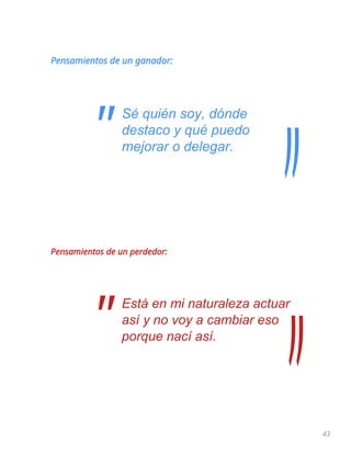 43
Pensamientos de un ganador:
Sé quién soy, dónde
destaco y qué puedo
mejorar o delegar.
Pensamientos de un perdedor:
Está en mi naturaleza actuar
así y no voy a cambiar eso
porque nací así.
"
"
 