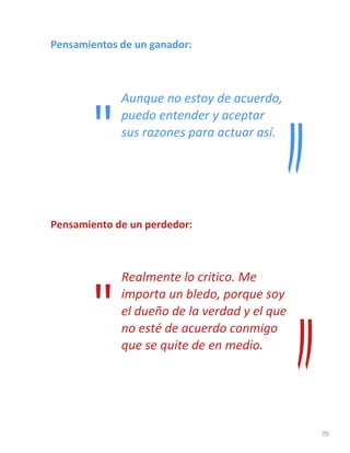 70
Pensamientos de un ganador:
Aunque no estoy de acuerdo,
puedo entender y aceptar
sus razones para actuar así.
Pensamiento de un perdedor:
Realmente lo critico. Me
importa un bledo, porque soy
el dueño de la verdad y el que
no esté de acuerdo conmigo
que se quite de en medio.
"
"
 