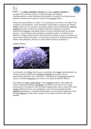 Las células epiteliales reticulares (o células epitelio reticulares)
son parte de la estructura cortical y medular del timo. Sin embargo,
histológicamente, son más fácilmente identificadas en la médula. Las mismas poseen
gránulos secretorios que se piensa, contienen las hormonas tímicas.
Existen seis tipos distintos: Los tipos 1-3 se encuentran en la corteza, y los tipos 4-6 en
la médula. Funcionalmente, son las principales involucradas en asegurar que ninguna
célula T sobreviva si es que ataca a las propias células, proceso denominado: selección
negativa del cuerpo. Función que cumplen mediante la expresión de una gran
proporción del genoma, expresando entonces la mayor cantidad posible de proteínas
(propias o auto-proteínas) que le permite su membrana celular. A medida que los
linfocitos T migran desde la corteza del timo hacia la médula, se ponen en contacto con
varias células epitelio reticulares, y si los mismos reconocen las proteínas propias de las
últimas como patógenas, entonces, la célula epitelial destruye al linfocito T.
Glóbulos blancos
Los leucocitos son células móviles que se encuentran en la sangre transitoriamente, así,
forman la fracción celular de los elementos figurados de la sangre. Son los
representantes hemáticos de la serie blanca. A diferencia de los eritrocitos (glóbulos
rojos), no contienen pigmentos, por lo que se les califica de glóbulos blancos.
Son células con núcleo, mitocondrias y otros orgánulos celulares. Son capaces de
moverse libremente mediante seudópodos. Su tamaño oscila entre los 8 y 20 μm
(micrómetros). Su tiempo de vida varía desde algunas horas, meses y hasta años. Estas
células pueden salir de los vasos sanguíneos a través de un mecanismo llamado
diapédesis (prolongan su contenido citoplasmático), esto les permite desplazarse fuera
del vaso sanguíneo y poder tener contacto con los tejidos del interior del cuerpo
humano.
 