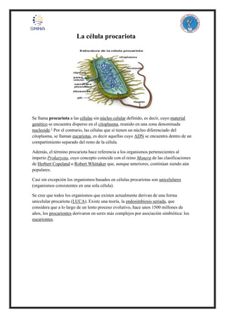 La célula procariota
Se llama procariota a las células sin núcleo celular definido, es decir, cuyo material
genético se encuentra disperso en el citoplasma, reunido en una zona denominada
nucleoide.1
Por el contrario, las células que sí tienen un núcleo diferenciado del
citoplasma, se llaman eucariotas, es decir aquellas cuyo ADN se encuentra dentro de un
compartimiento separado del resto de la célula.
Además, el término procariota hace referencia a los organismos pertenecientes al
imperio Prokaryota, cuyo concepto coincide con el reino Monera de las clasificaciones
de Herbert Copeland o Robert Whittaker que, aunque anteriores, continúan siendo aún
populares.
Casi sin excepción los organismos basados en células procariotas son unicelulares
(organismos consistentes en una sola célula).
Se cree que todos los organismos que existen actualmente derivan de una forma
unicelular procariota (LUCA). Existe una teoría, la endosimbiosis seriada, que
considera que a lo largo de un lento proceso evolutivo, hace unos 1500 millones de
años, los procariontes derivaron en seres más complejos por asociación simbiótica: los
eucariontes.
 