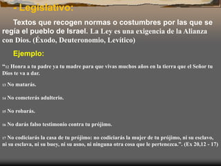 - Legislativo:
Textos que recogen normas o costumbres por las que se
regía el pueblo de Israel. La Ley es una exigencia de la Alianza
con Dios. (Éxodo, Deuteronomio, Levítico)
Ejemplo:
“12 Honra a tu padre ya tu madre para que vivas muchos años en la tierra que el Señor tu
Dios te va a dar.
13 No matarás.
14 No cometerás adulterio.
15 No robarás.
16 No darás falso testimonio contra tu prójimo.
17 No codiciarás la casa de tu prójimo: no codiciarás la mujer de tu prójimo, ni su esclavo,
ni su esclava, ni su buey, ni su asno, ni ninguna otra cosa que le pertenezca.”. (Ex 20,12 - 17)
 