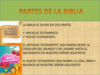 LA BIBLIA SE DIVIDE EN DOS PARTES 
 ANTIGUO TESTAMENTO 
NUEVO TESTAMENTO. 
EL ANTIGUO TESTAMENTO NOS NARRA DESDE LA 
CREACION DEL MUNDO Y DEL HOMRE HASTA EL 
NACIMIENTO DE NUESTRO SEÑOR JESUCRISTO 
EL NUEVO TESTAMENTO NOS NARRA LA VIDA, OBRA Y 
MILGROS DE NUESTRO SEÑOR JESUCRISTO 
 