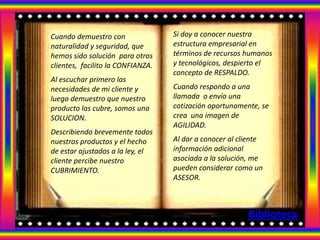 Cuando demuestro con               Si doy a conocer nuestra
naturalidad y seguridad, que       estructura empresarial en
hemos sido solución para otros     términos de recursos humanos
clientes, facilito la CONFIANZA.   y tecnológicos, despierto el
                                   concepto de RESPALDO.
Al escuchar primero las
necesidades de mi cliente y        Cuando respondo a una
luego demuestro que nuestro        llamada o envío una
producto las cubre, somos una      cotización oportunamente, se
SOLUCION.                          crea una imagen de
                                   AGILIDAD.
Describiendo brevemente todos
nuestros productos y el hecho      Al dar a conocer al cliente
de estar ajustados a la ley, el    información adicional
cliente percibe nuestro            asociada a la solución, me
CUBRIMIENTO.                       pueden considerar como un
                                   ASESOR.



                                                         Biblioteca
 