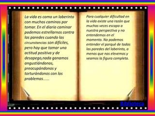 La vida es como un laberinto    Para cualquier dificultad en
con muchos caminos por          la vida existe una razón que
tomar. En el diario caminar     muchas veces escapa a
                                nuestra perspectiva y no
podemos estrellarnos contra
                                entendemos en el
las paredes cuando las
                                momento. No podemos
circunstancias son difíciles,   entender el porqué de todas
pero hay que tomar una          las paredes del laberinto, a
actitud positiva y de           menos que nos elevemos y
desapego,nada ganamos           veamos la figura completa.
angustiándonos,
preocupándonos y
torturándonos con los
problemas......




                                                     Biblioteca
 