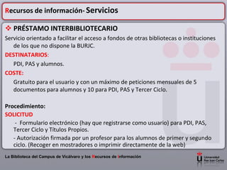 Recursos de información- Servicios

 PRÉSTAMO INTERBIBLIOTECARIO
Servicio orientado a facilitar el acceso a fondos de otras bibliotecas o instituciones
   de los que no dispone la BURJC.
DESTINATARIOS:
   PDI, PAS y alumnos.
COSTE:
   Gratuito para el usuario y con un máximo de peticiones mensuales de 5
   documentos para alumnos y 10 para PDI, PAS y Tercer Ciclo.

Procedimiento:
SOLICITUD
    - Formulario electrónico (hay que registrarse como usuario) para PDI, PAS,
   Tercer Ciclo y Títulos Propios.
   - Autorización firmada por un profesor para los alumnos de primer y segundo
   ciclo. (Recoger en mostradores o imprimir directamente de la web)
La Biblioteca del Campus de Vicálvaro y los Recursos de Información
 