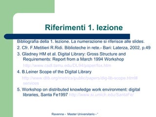 Riferimenti 1. lezione Bibliografia della 1. lezione. La numerazione si riferisce alle slides. 2. Cfr. F.Metitieri R.Ridi. Biblioteche in rete.- Bari: Laterza, 2002, p.49 3. Gladney HM et al. Digital Library: Gross Structure and Requirements: Report from a March 1994 Workshop http://www.csdl.tamu.edu/DL94/paper/fox.htm 4. B.Leiner Scope of the Digital Library http://www.dlib.org/metrics/public/papers/dig-lib-scope.html# services 5. Workshop on distributed knowledge work environment: digital libraries, Santa Fe1997  http://www.si.umich.edu/SantaFe/ 