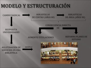 CAMBIO RADICAL               BIBLIOTECAS             BIBLIOTECAS
                         DE CENTRO (AÑOS 80)       DE ÁREA (AÑOS 90)


                                    CONSECUENCIA DIRECTA
                                            DE
  RESPUESTA
UNIVERSIDADES

                     AUMENTO TITULACIONES          REFORMA PLANES DE
                                                        ESTUDIO


AGLUTINACIÓN DE    EJEMPLO
SERVICIOS EN UNA
   BIBLIOTECA
 