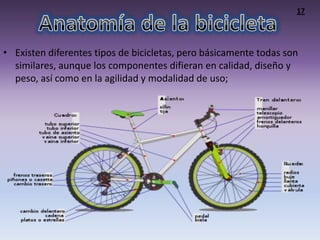 17




• Existen diferentes tipos de bicicletas, pero básicamente todas son
  similares, aunque los componentes difieran en calidad, diseño y
  peso, así como en la agilidad y modalidad de uso;
 