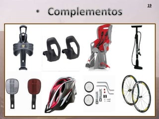 19




•   Bomba de aire.                            •   Bolsa de herramientas bajo el sillín
•   Alforjas, canastas y otros recipientes.       con llaves Allen.
•   Asiento trasero/delantero para            •   Los portaequipajes nos permite
    niños.                                        colgar las alforjas.
•   «Calapiés» o rastrales, correas asidas    •   Caballete o pata de cabra.
    a los pedales para una mayor              •   Timbre o bocina.
    sujeción de los pies.
                                              •   Vagón/remolque para cargar
•   «Cuernos de cabra», suplementarios            mercancía.
    en los manillares para escalada o
    competición contra reloj.                 •   Vagón/remolque para llevar a los
•   Porta-botellines en el triángulo para         niños.
    llevar la bebida, generalmente en un      •   En algunos países y para bicicletas
    botellín de plástico.                         de niños, es obligatoria la
•   Reflectores, en los cantos de los             instalación de un banderín alto
    pedales o bajo la parte trasera del           que haga más visible la bicicleta.
    sillín, en las ruedas y en el             •   Casco, para protección de la
    transportín                                   cabeza del ciclista.
•   Alumbrado eléctrico delantero             •   Ordenador, para monitorizar
    blanco y trasero rojo; variante con           diversos parámetros de la marcha
    dinamo.                                       como velocidades, tiempos,
•   Ruedas de ayuda, para aprender a              frecuencia cardiaca...
    montar en bicicleta.
 