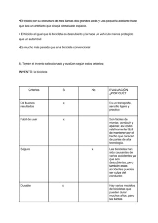 •El triciclo por su estructura de tres llantas dos grandes atrás y una pequeña adelante hace
que sea un artefacto que ocupa demasiado espacio.
• El triciclo al igual que la bicicleta es descubierto y la hace un vehículo menos protegido
que un automóvil
•Es mucho más pesado que una bicicleta convencional
5. Tomen el invento seleccionado y evalúen según estos criterios:
INVENTÓ: la bicicleta
Criterios Si No EVALUACIÓN
¿POR QUÉ?
Da buenos
resultados
x Es un transporte,
sencillo ligero y
practico
Fácil de usar x Son fáciles de
montar, conducir y
aparcar, así como
relativamente fácil
de mantener por el
hecho que carecen
de partes de alta
tecnología.
Seguro x Las bicicletas han
sido causantes de
varios accidentes ya
que son
descubiertas, pero
también estos
accidentes pueden
ser culpa del
conductor.
Durable x Hay varios modelos
de bicicletas que
pueden durar
muchos años, pero
las llantas
 