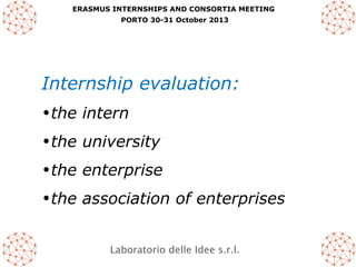 ERASMUS INTERNSHIPS AND CONSORTIA MEETING
PORTO 30-31 October 2013

Internship evaluation:
•the intern
•the university
•the enterprise
•the association of enterprises
Laboratorio delle Idee s.r.l.

 