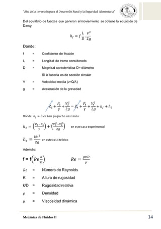 “Año de la Inversión para el Desarrollo Rural y la Seguridad Alimentaria”
Mecánica de Fluidos II 14
Del equilibrio de fuerzas que generan el moviemiento se obtiene la ecuación de
Darcy:
ℎ 𝑓 = 𝑓
𝐿
𝐷
.
𝑣2
2𝑔
Donde:
f = Coeficiente de fricción
L = Longitud de tramo considerado
D = Magnitud caracteristica D= diámetro
Si la tubería es de sección circular
V = Velocidad media (v=Q/A)
g = Aceleración de la gravedad
𝑍3 +
𝑃3
𝛾
+
𝑉3
2
2𝑔
= 𝑍4 +
𝑃4
𝛾
+
𝑉4
2
2𝑔
+ ℎ 𝑓 + ℎ 𝐿
Donde: ℎ 𝑓 ≈ 0 𝑒𝑠 𝑡𝑎𝑛 𝑝𝑒𝑞𝑢𝑒ñ𝑜 𝑐𝑎𝑠𝑖 𝑛𝑢𝑙𝑜
ℎ 𝑠 = (
𝑃3−𝑃4
𝛾
) + (
𝑉3
2−𝑉4
2
2𝑔
) en este caso experimental
ℎ 𝑠 =
𝑘𝑉2
2𝑔
en este caso teórico
Además:
f = f(𝑅𝑒
𝑘
𝐷
) 𝑅𝑒 =
𝜌𝑣𝐷
𝜇
𝑅𝑒 = Número de Reynolds
K = Altura de rugosidad
k/D = Rugosidad relativa
𝜌 = Densidad
𝜇 = Viscosidad dinámica
 