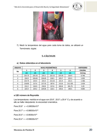 “Año de la Inversión para el Desarrollo Rural y la Seguridad Alimentaria”
Mecánica de Fluidos II 20
7) Medir la temperatura del agua para cada toma de datos, se utilizará un
Termómetro digital.
5.-CÁLCULOS
a) Datos obtenidos en el laboratorio
ENSAYO NIVEL PIEZOMÉTRICO VERTEDERO
No
1 2 3 4 5 6 CAUDAL
cm cm cm cm cm cm Lts/seg
1 225.75 225.55 225.5 222.15 225.05 224.9 0.746
2 224.9 224.65 224.65 218.5 223.7 223.5 1.052
3 223.75 223.4 223.4 213.25 221.9 221.5 1.366
4 218.85 217.6 217.55 187.8 213.8 212.105 2.424
5 212.2 210.9 210.8 157.6 203.8 201.75 3.29
6 225.9 224.2 224.05 126.5 193.6 190.5 4.005
a.1)El número de Reynolds
Las temperaturas medida en el agua son 20.8°, 20.5° y 20.4° C y de acuerdo a
ello se halla interpolando la viscosidad cinemática.
Para 20.8° 𝑣 =0.98556x10-6
Para 20.7° 𝑣 =0.98830x10-6
Para 20.5° 𝑣 =0.9936x10-6
Para 20.4° 𝑣 =0.99628x10-6
 