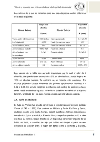 “Año de la Inversión para el Desarrollo Rural y la Seguridad Alimentaria”
Mecánica de Fluidos II 8
Los valores de k que se necesiten para leer este diagrama pueden obtenerse
de la tabla siguiente:
Los valores de la tabla son un tanto imprecisos, por lo cual el valor de f
obtenido, que puede tener un error de +-5% en tuberías lisas, puede llegar a +-
10% en tuberías rugosas. De ordinario no se necesita más precisión. En
muchos problemas puede obtenerse una primera aproximación haciendo f =
0.02 a 0.03. En un tubo rectilíneo la influencia del cambio de sección se hace
sentir hasta un recorrido igual a 10 veces el diámetro (60 veces si el flujo es
laminar). El cálculo de f es, pues menos preciso aun si la tubería es corta.
2.4.- TUBO DE VENTURI
El Tubo de Venturi fue creado por el físico e inventor italiano Giovanni Battista
Venturi (1.746 – 1.822). Fue profesor en Módena y Pavía. En Paris y Berna,
ciudades donde vivió mucho tiempo, estudió cuestiones teóricas relacionadas
con el calor, óptica e hidráulica. En este último campo fue que descubrió el tubo
que lleva su nombre. Según él este era un dispositivo para medir el gasto de un
fluido, es decir, la cantidad de flujo por unidad de tiempo, a partir de una
diferencia de presión entre el lugar por donde entra la corriente y el punto,
Tipo de Tubería
Rugosidad
absoluta
K (mm )
Tipo de Tubería
Rugosidad
absoluta
K (mm )
Vidrio, cobre o latón estirado < 0.001 (o lisa) Hierro galvanizado 0.15 a 0.20
Latón industrial 0.025 Fundición corriente nueva 0.25
Acero laminado nuevo 0.05 Fundición corriente oxidada 1 a 1.5
Acero laminado oxidado 0.15 a 0.25 Fundición asfaltada 0.1
Acero laminado con
incrustaciones
1.5 a 3 Cemento alisado 0.3 a 0.8
Acero asfaltado 0.015 Cemento bruto Hasta 3
Acero roblonado 0.03 a 0.1 Acero roblonado 0.9 a 9
Acero soldado, oxidado 0.4 Duelas de madera 0.183 a 0.91
 