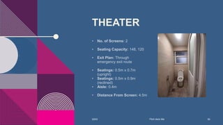 THEATER
• No. of Screens: 2
• Seating Capacity: 148, 120
• Exit Plan: Through
emergency exit route
• Seatings: 0.5m x 0.7m
(upright)
• Seatings: 0.5m x 0.9m
(reclined)
• Aisle: 0.4m
• Distance From Screen: 4.5m
20XX Pitch deck title 50
 
