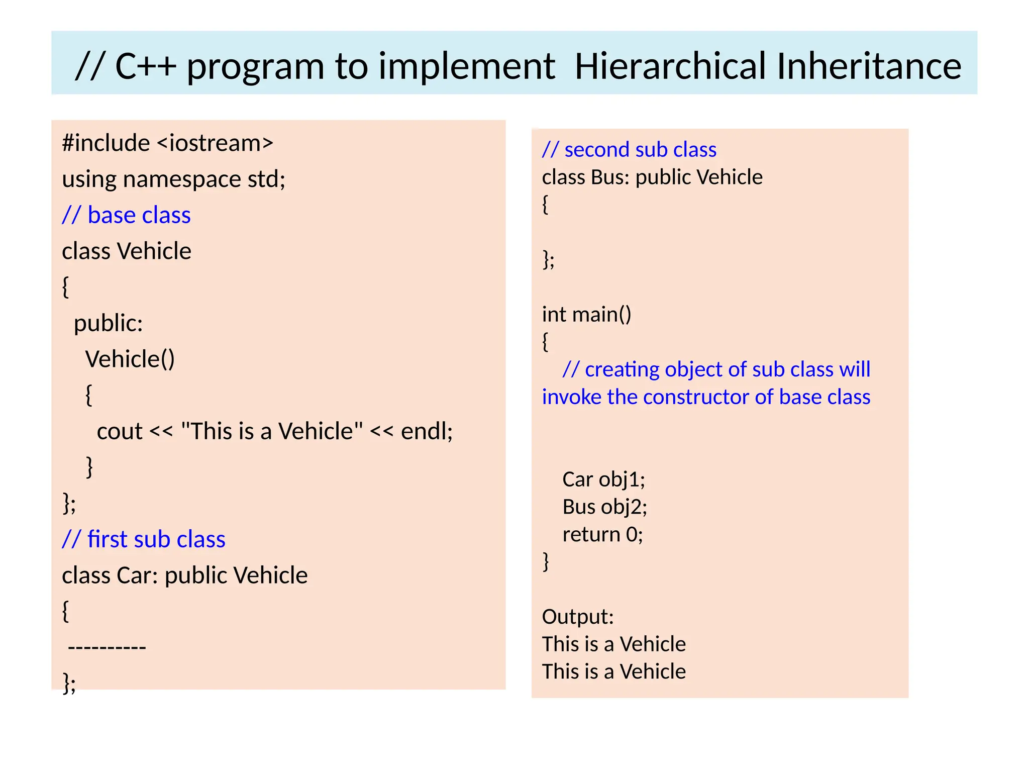 // C++ program to implement Hierarchical Inheritance
#include <iostream>
using namespace std;
// base class
class Vehicle
{
public:
Vehicle()
{
cout << "This is a Vehicle" << endl;
}
};
// first sub class
class Car: public Vehicle
{
----------
};
// second sub class
class Bus: public Vehicle
{
};
int main()
{
// creating object of sub class will
invoke the constructor of base class
Car obj1;
Bus obj2;
return 0;
}
Output:
This is a Vehicle
This is a Vehicle
 