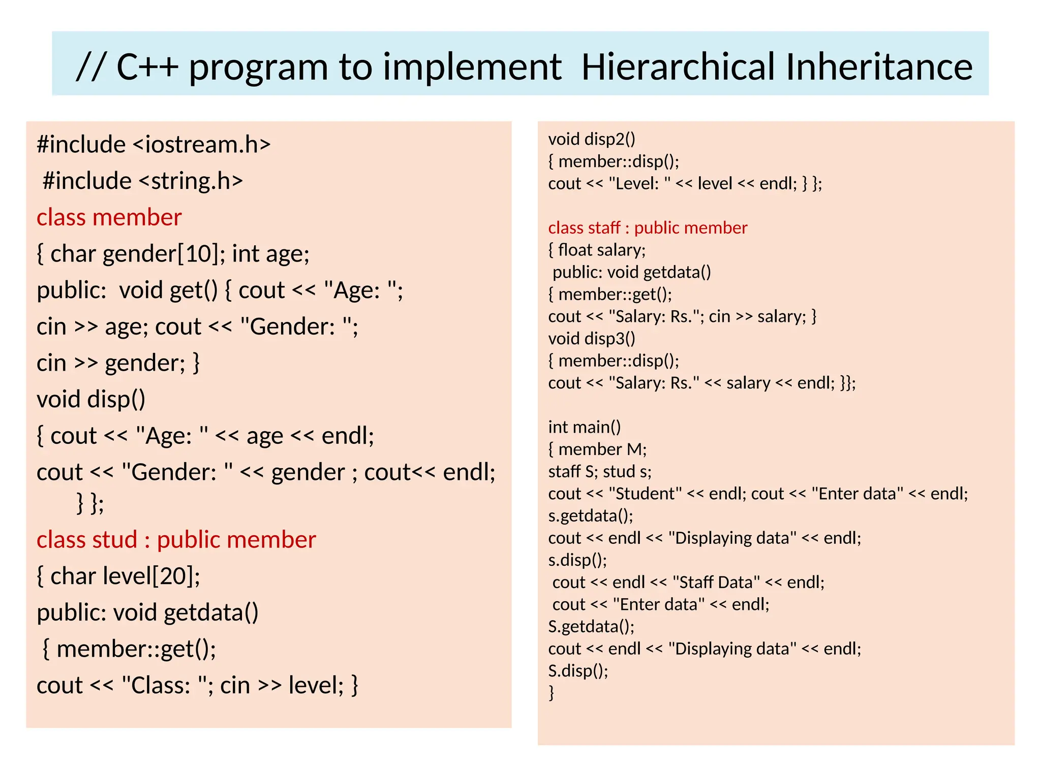 // C++ program to implement Hierarchical Inheritance
#include <iostream.h>
#include <string.h>
class member
{ char gender[10]; int age;
public: void get() { cout << "Age: ";
cin >> age; cout << "Gender: ";
cin >> gender; }
void disp()
{ cout << "Age: " << age << endl;
cout << "Gender: " << gender ; cout<< endl;
} };
class stud : public member
{ char level[20];
public: void getdata()
{ member::get();
cout << "Class: "; cin >> level; }
void disp2()
{ member::disp();
cout << "Level: " << level << endl; } };
class staff : public member
{ float salary;
public: void getdata()
{ member::get();
cout << "Salary: Rs."; cin >> salary; }
void disp3()
{ member::disp();
cout << "Salary: Rs." << salary << endl; }};
int main()
{ member M;
staff S; stud s;
cout << "Student" << endl; cout << "Enter data" << endl;
s.getdata();
cout << endl << "Displaying data" << endl;
s.disp();
cout << endl << "Staff Data" << endl;
cout << "Enter data" << endl;
S.getdata();
cout << endl << "Displaying data" << endl;
S.disp();
}
 