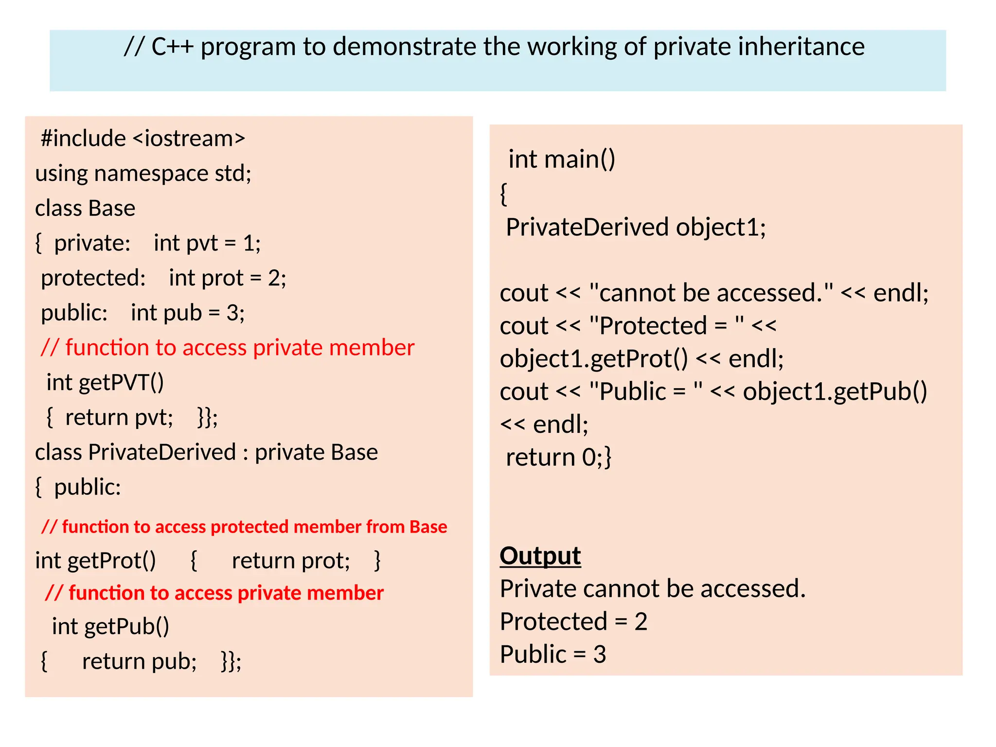 // C++ program to demonstrate the working of private inheritance
#include <iostream>
using namespace std;
class Base
{ private: int pvt = 1;
protected: int prot = 2;
public: int pub = 3;
// function to access private member
int getPVT()
{ return pvt; }};
class PrivateDerived : private Base
{ public:
// function to access protected member from Base
int getProt() { return prot; }
// function to access private member
int getPub()
{ return pub; }};
int main()
{
PrivateDerived object1;
cout << "cannot be accessed." << endl;
cout << "Protected = " <<
object1.getProt() << endl;
cout << "Public = " << object1.getPub()
<< endl;
return 0;}
Output
Private cannot be accessed.
Protected = 2
Public = 3
 