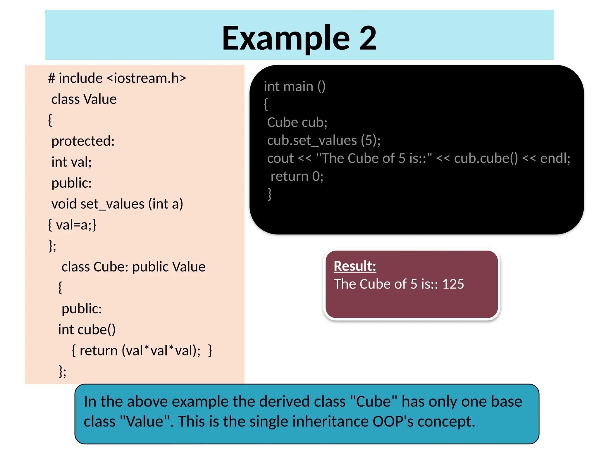 Example 2
# include <iostream.h>
class Value
{
protected:
int val;
public:
void set_values (int a)
{ val=a;}
};
class Cube: public Value
{
public:
int cube()
{ return (val*val*val); }
};
int main ()
{
Cube cub;
cub.set_values (5);
cout << "The Cube of 5 is::" << cub.cube() << endl;
return 0;
}
Result:
The Cube of 5 is:: 125
In the above example the derived class "Cube" has only one base
class "Value". This is the single inheritance OOP's concept.
 