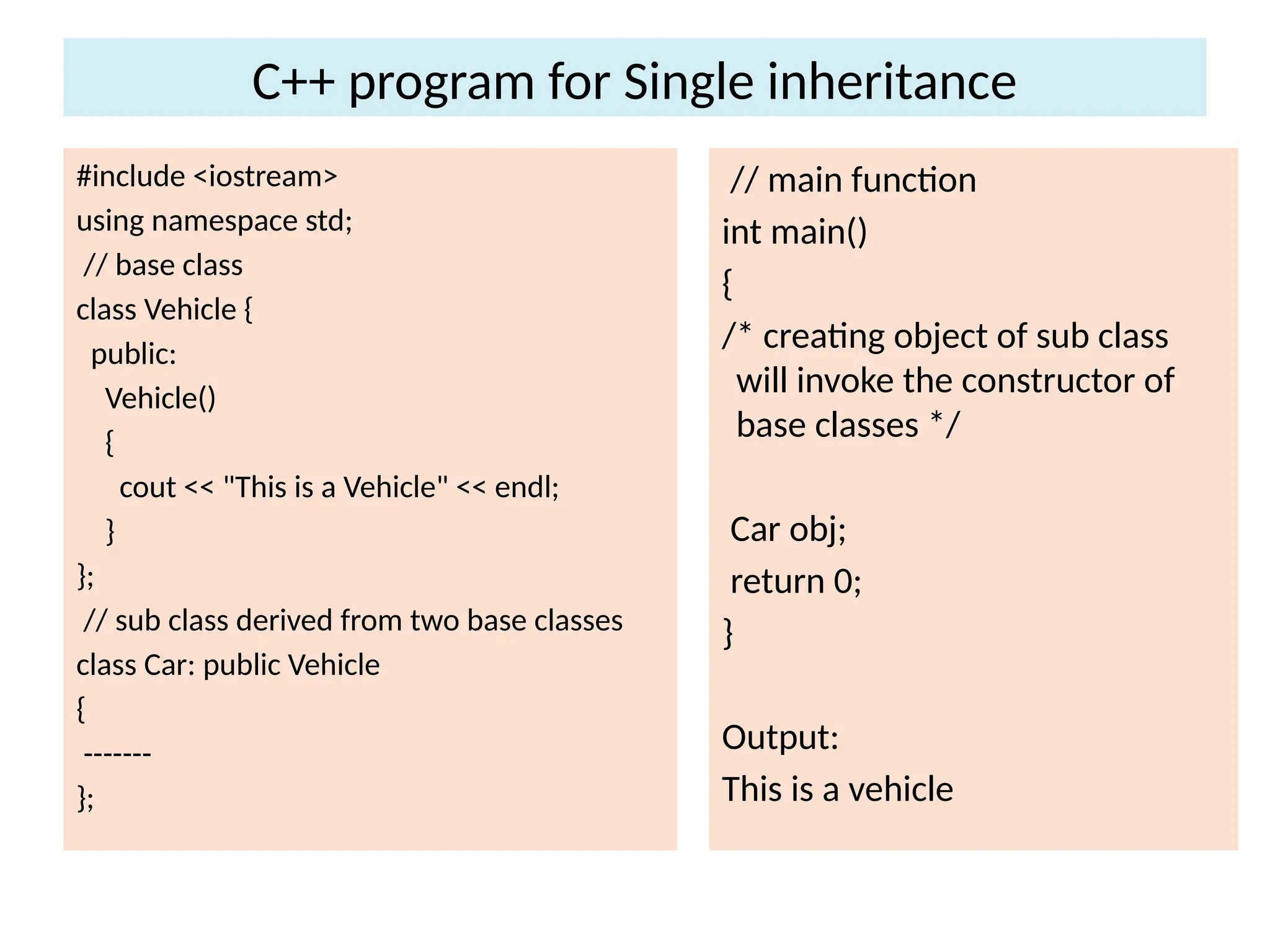 C++ program for Single inheritance
#include <iostream>
using namespace std;
// base class
class Vehicle {
public:
Vehicle()
{
cout << "This is a Vehicle" << endl;
}
};
// sub class derived from two base classes
class Car: public Vehicle
{
-------
};
// main function
int main()
{
/* creating object of sub class
will invoke the constructor of
base classes */
Car obj;
return 0;
}
Output:
This is a vehicle
 