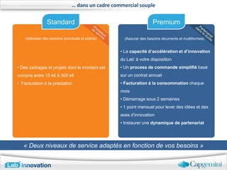 … dans un cadre commercial souple




    (Adresser des besoins ponctuels et précis)      (Assurer des besoins récurrents et multiformes)


                                                  • La capacité d’accélération et d’innovation
                                                  du Lab’ à votre disposition
• Des cadrages et projets dont le montant est     • Un process de commande simplifié basé
compris entre 15 k€ à 300 k€                      sur un contrat annuel
• Facturation à la prestation                     • Facturation à la consommation chaque
                                                  mois
                                                  • Démarrage sous 2 semaines
                                                  • 1 point mensuel pour lever des idées et des
                                                  axes d’innovation
                                                  • Instaurer une dynamique de partenariat




   « Deux niveaux de service adaptés en fonction de vos besoins »
 