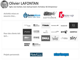 Olivier LAFONTAN
Agile, lean kanban, lean startup Coach, Formateur & Entrepreneur
Activités mises en
oeuvres chez…
Pour des clients tels
que…
Projets personnels
 