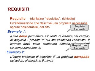 REQUISITI Requisito   (dal latino “requisitus”, richiesto)   Un’affermazione che descrive una proprietà necessaria, oppure desiderabile, del sito     Esempio 1 :   Il sito  deve  permettere all’utente di inserire nel carrello di acquisto i prodotti di cui sta valutando l’acquisto. Il carrello deve poter contenere almeno 15 prodotti contemporaneamente Esempio 2 :   L’intero processo di acquisto di un prodotto  dovrebbe  richiedere al massimo 5 minuti     Requisito funzionale Requisito non funzionale 
