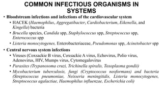 COMMON INFECTIOUS ORGANISMS IN
SYSTEMS
• Bloodstream infections and infections of the cardiovascular system
• HACEK (Haemophilus, Aggregatibacter, Cardiobacterium, Eikenella, and
Kingella) bacteria
• Brucella species, Candida spp, Staphylococcus spp, Streptococcus spp,
Enterococcus spp
• Listeria monocytogenes, Enterobacteriaceae, Pseudomonas spp, Acinetobacter spp
• Central nervous system infections
• Viruses (Coxsackie B virus, Coxsackie A virus, Echovirus, Polio virus,
Adenovirus, HIV, Mumps virus, Cytomegalovirus
• Parasites (Trypanosoma cruzi, Trichinella spiralis, Toxoplasma gondii)
• Mycobacterium tuberculosis, fungi (Cryptococcus neoformans) and bacteria
(Streptococcus pneumoniae, Neisseria meningitidis, Listeria monocytogenes,
Streptococcus agalactiae, Haemophilus influenzae, Escherichia coli)
 