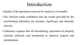 Introduction
• Quality of the specimens received for analysis is invaluable
• The clinician needs confidence that the results provided by the
microbiology laboratory are accurate, significant, and clinically
relevant
• Laboratory requires that all microbiology specimens be properly
selected, collected, and transported to optimize analysis and
interpretation
 