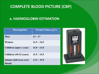 COMPLETE BLOOD PICTURE (CBP)
a. HAEMOGLOBIN ESTIMATION
Haemoglobin Normal Values (g%)
Men 13 – 17
Women 11.5 – 14.5
Children (upto 1 year) 11.0 – 13.0
Children (10-12 years) 11.5 – 14.5
Infants (full term cord
blood)
13.5 – 19.5
 