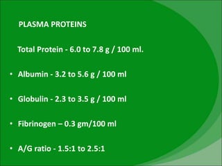 PLASMA PROTEINS
Total Protein - 6.0 to 7.8 g / 100 ml.
• Albumin - 3.2 to 5.6 g / 100 ml
• Globulin - 2.3 to 3.5 g / 100 ml
• Fibrinogen – 0.3 gm/100 ml
• A/G ratio - 1.5:1 to 2.5:1
 